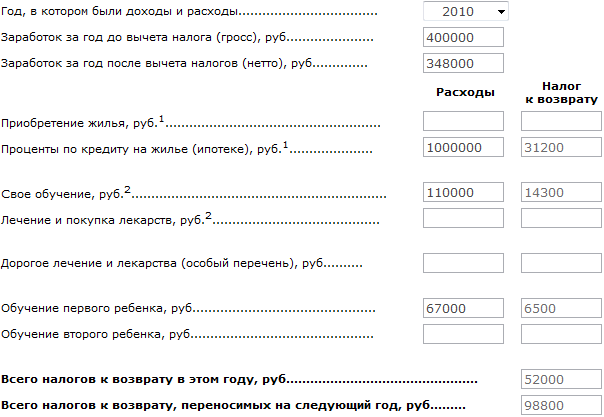 Калькулятор налогового вычета